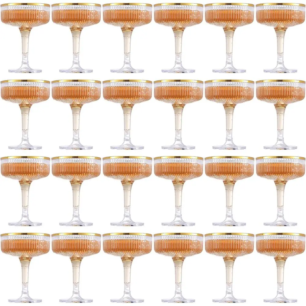 

24 шт. пластиковые бокалы для шампанского с золотым ободком, 7 унций, одноразовые винные стаканы, штабелируемые бокалы на ножке для свадьбы, дня рождения, вечеринки