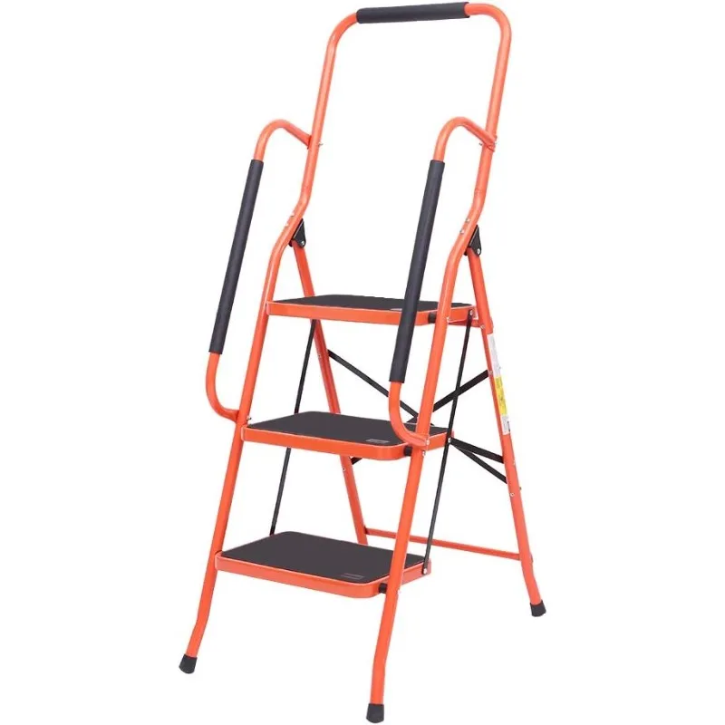 3 Step Ladder Safety Tool Ladder Folding Anti-Slip Step Stool Ladder Padded Side Handrails with Large Area Pedals