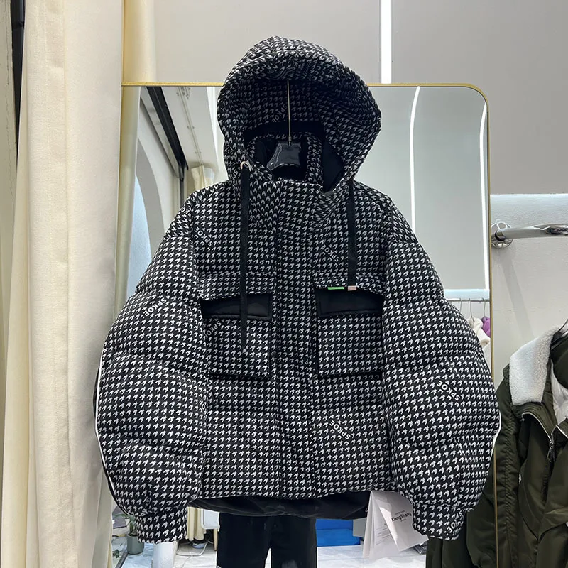 Houndstooth Short Puffer Down Jacket Women\'s Winter 90% Duck Down Coat Hooded Female Feather Parka