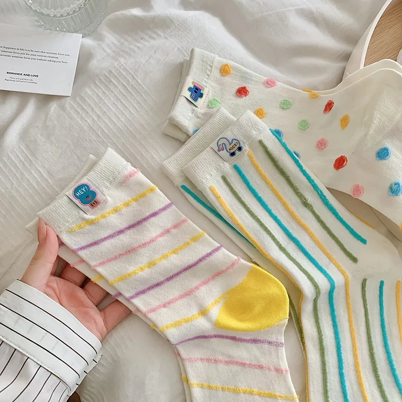 1/3 Pairs New Circus Design Cute Girl Versatile Middle Socks Colorful Dot Stripe Cloth Label Women's Long Tube Stacked Socks
