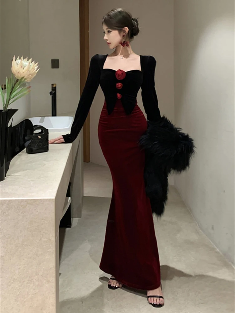 

Autumn Winter Dresses Women Elegant Sexy Square Collar Slim Long Sleeve Vintage Velvet Dress Female French Style Chic XQ190