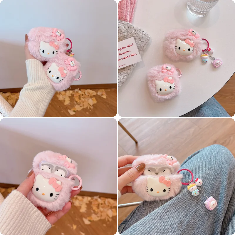 Hello Kitty Plush Pink Shockproof Protective Earphone TPU Cover For Airpods Pro 2 Case For Girls Women Kids Funda