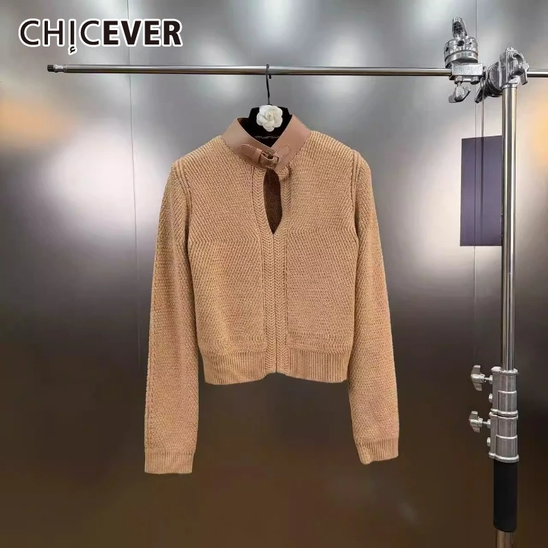 

CHICEVER Camel Spliced Folds Sweater Female Stand Collar Long Sleeve Loose French Temperament Women's Sweaters Autumn Fashion