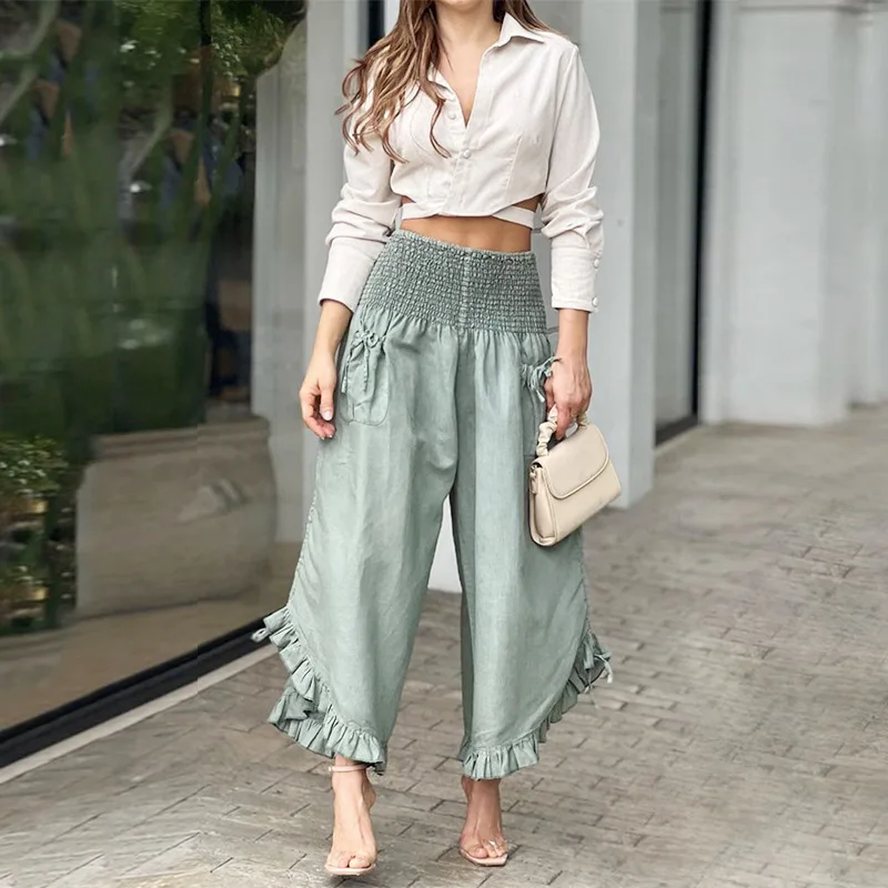 2 Piece Sets Womens Outfits 2022 Summer Fashion New Solid V-Neck Long Sleeve Short Shirt High Waist Wide Leg Casual Pants