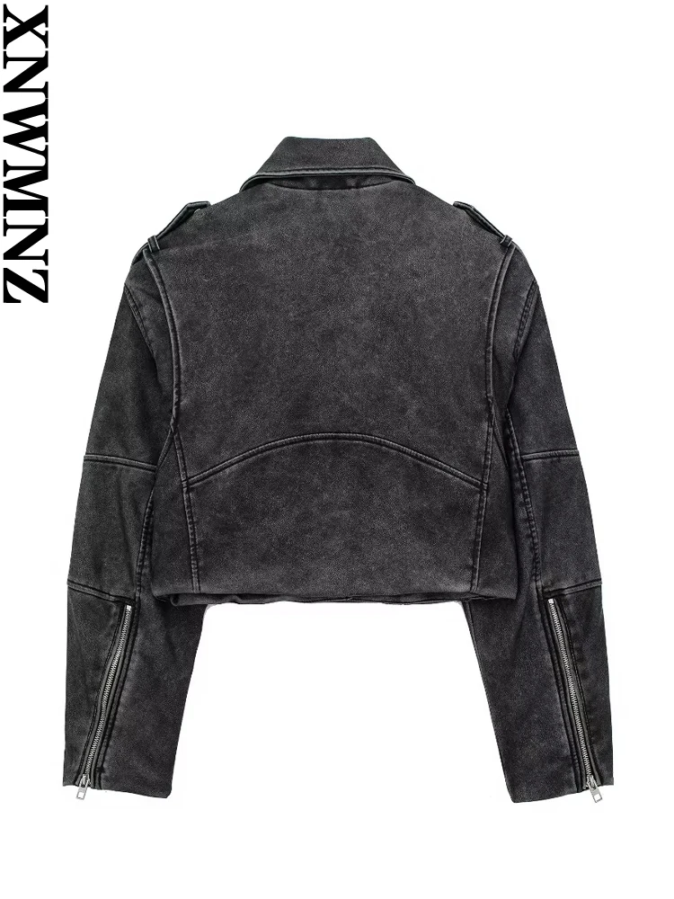 XNWMNZ 2023 Women\'s Fashion Autumn/Winter Faux Leather Worn Effect Biker Jacket Women Retro Long Sleeve Zipper Female Coat