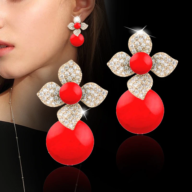 SINLEERY Sparkling Crystal Flower Red Acrylic Ball Drop Earrings Gold Silver Color Earring Women Fashion Jewelry Es333