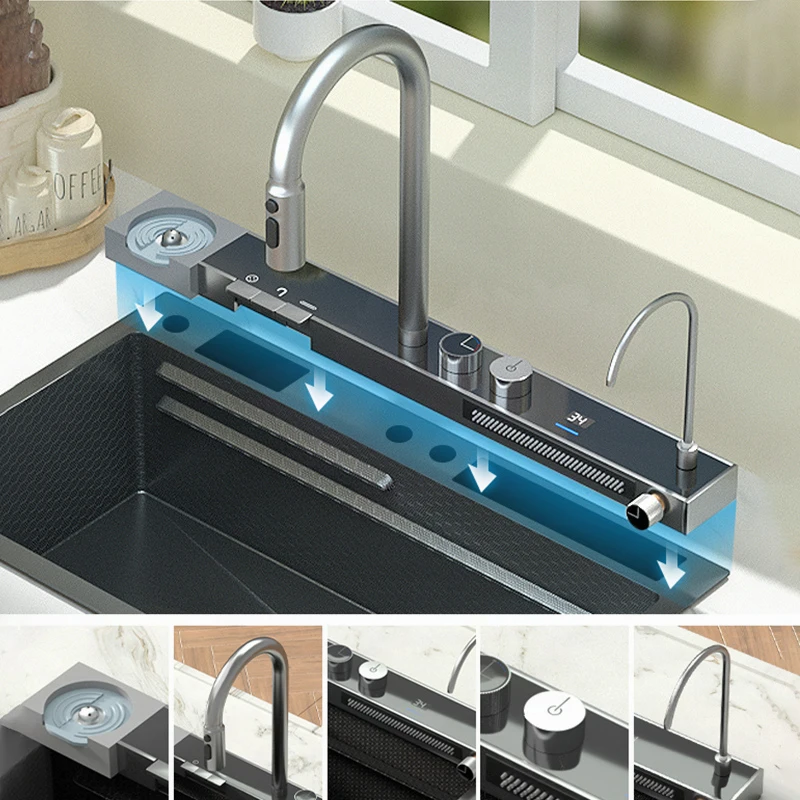 Digital Display Waterfall Sink Basin Large Single Slot 304 Stainless Steel Sink With Waterfall Faucet For Kitchen Renovation