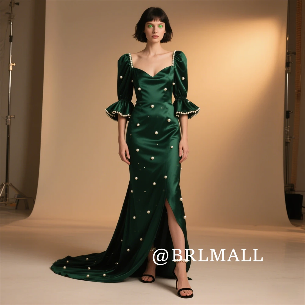 

BRLMALL Pearls Long Satin Evening Dress Half Flare Sleeves Women's Prom Dresses Side Slit Sweetheart Party Gowns Cocktail Robe