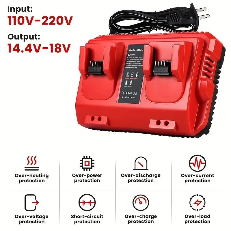 

18V 20V 4A Rapid Charger Replacement for Milwaukee M14 M18 Battery Charger Station 2Ports 48-59-1802 48-59-1812 US UK EU AU Plug