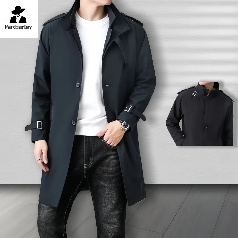 

Autumn 2025 Trench Coat Men's Light Luxury British Style Solid Color Buckle Windbreaker Jacket Male Business Casual Long Coats