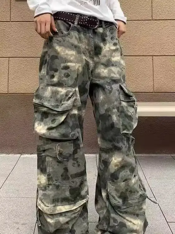 

American Retro Camouflage Workwear Jeans Men's Loose High Street Sle Multi-ket f Elastic Waist Straight Leg Trousers