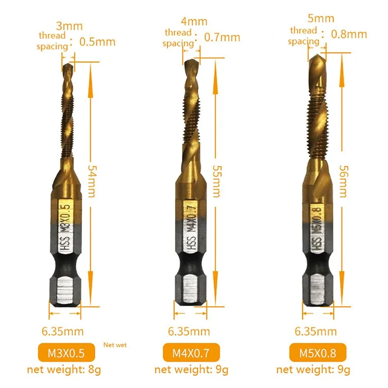 Máquina de parafuso banhada a titânio, Hex Shank, Rosca HSS, Torneira métrica, Brocas, Composto, M3, M4, M5, M6, M8, M10, Ferramentas manuais, Venda