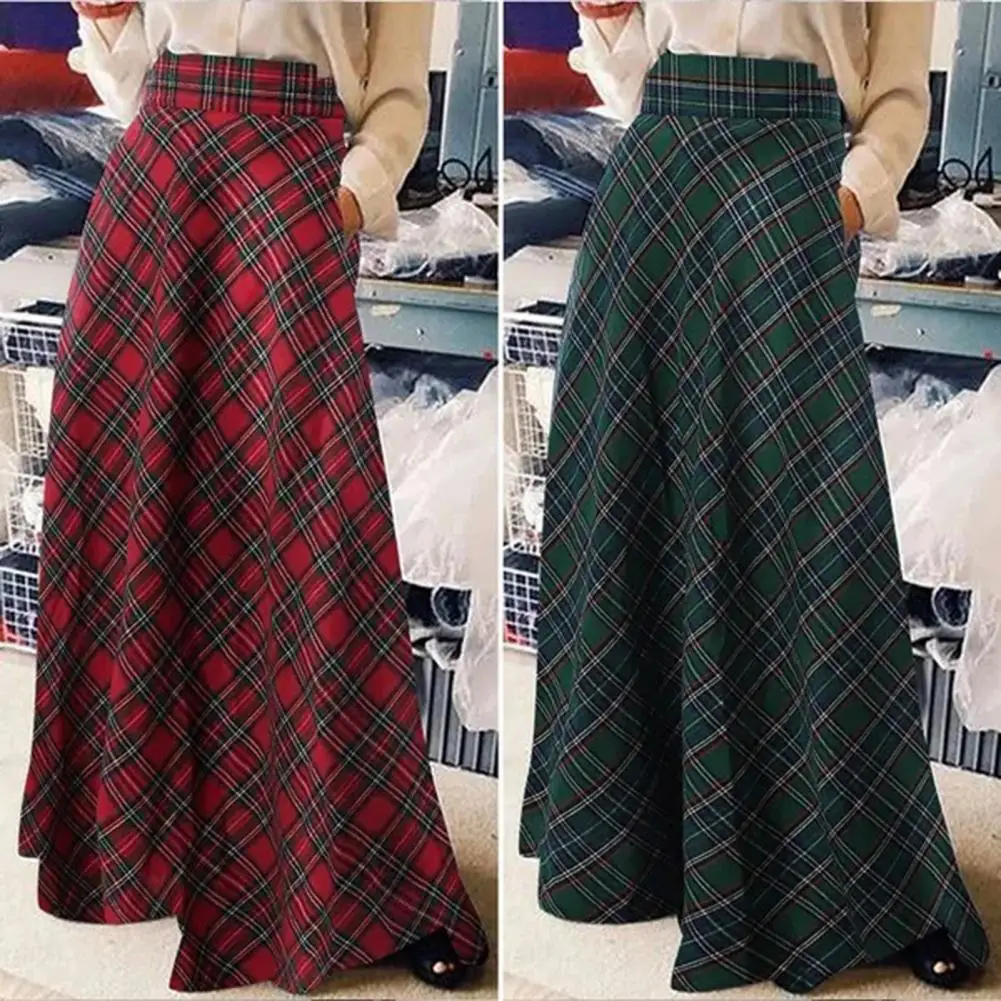 Floor Length Hem Skirt Plaid Print High Waist Maxi Skirt for Women Oversized A-line Check Skirt with Hem Spring Floor Length