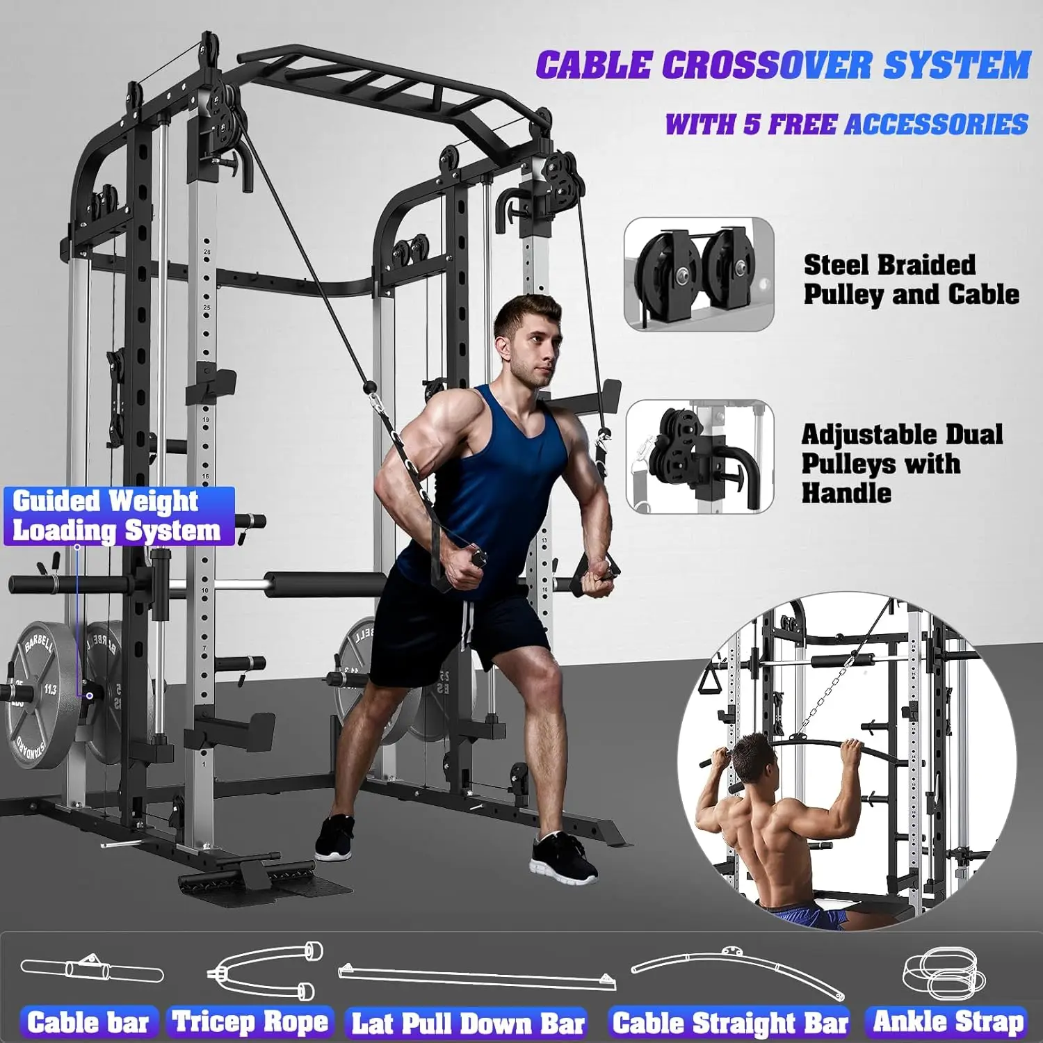 Smith Machine with 140 Lbs Cast Iron Weight Plates Home Gym, Squat Rack with LAT Pull Down System, Power Cage with Smith Bar