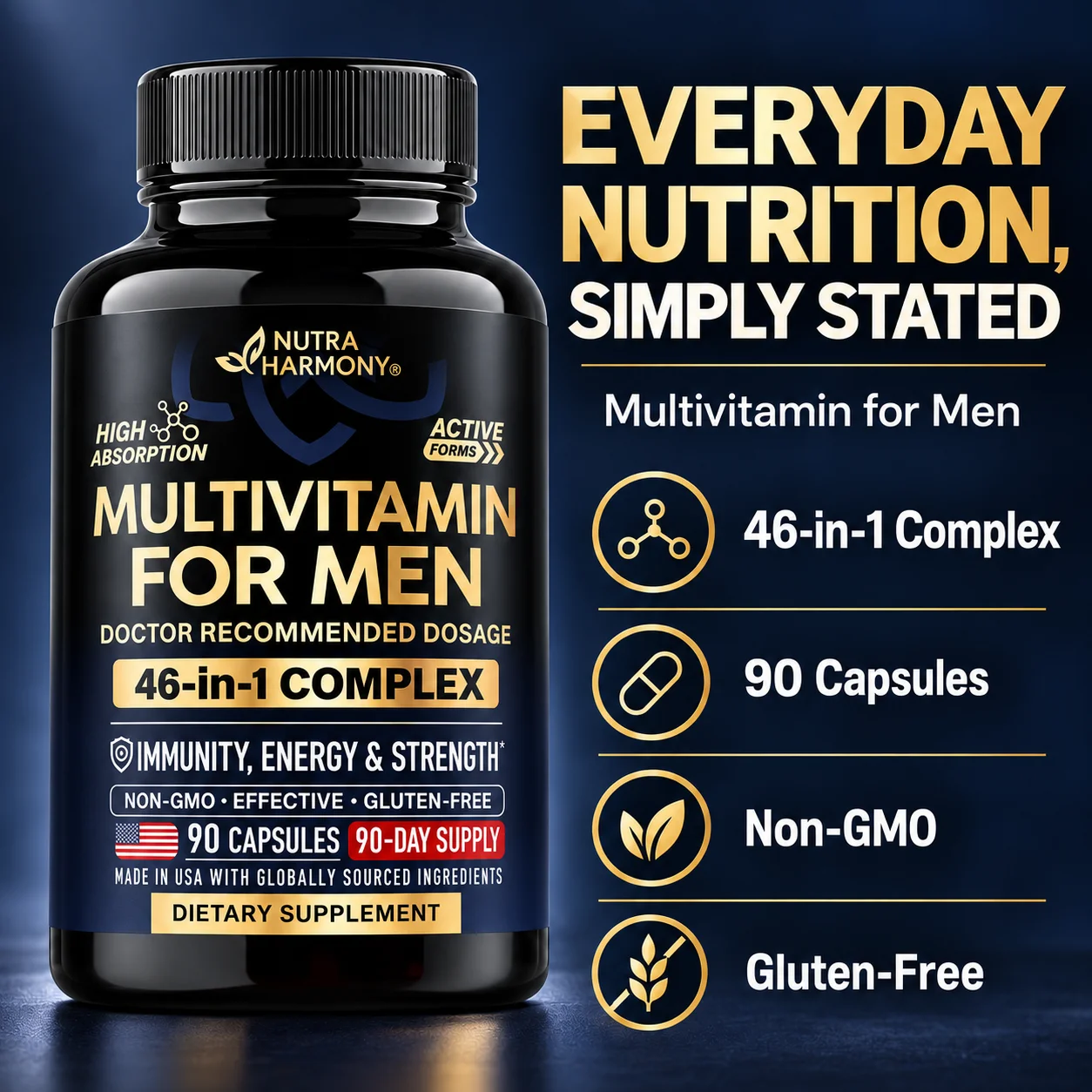 Multivitamin for Men 46 in 1 Complex Vitamins & Minerals Daily Nutritional Support 90 Capsules Non Gmo Gluten Free