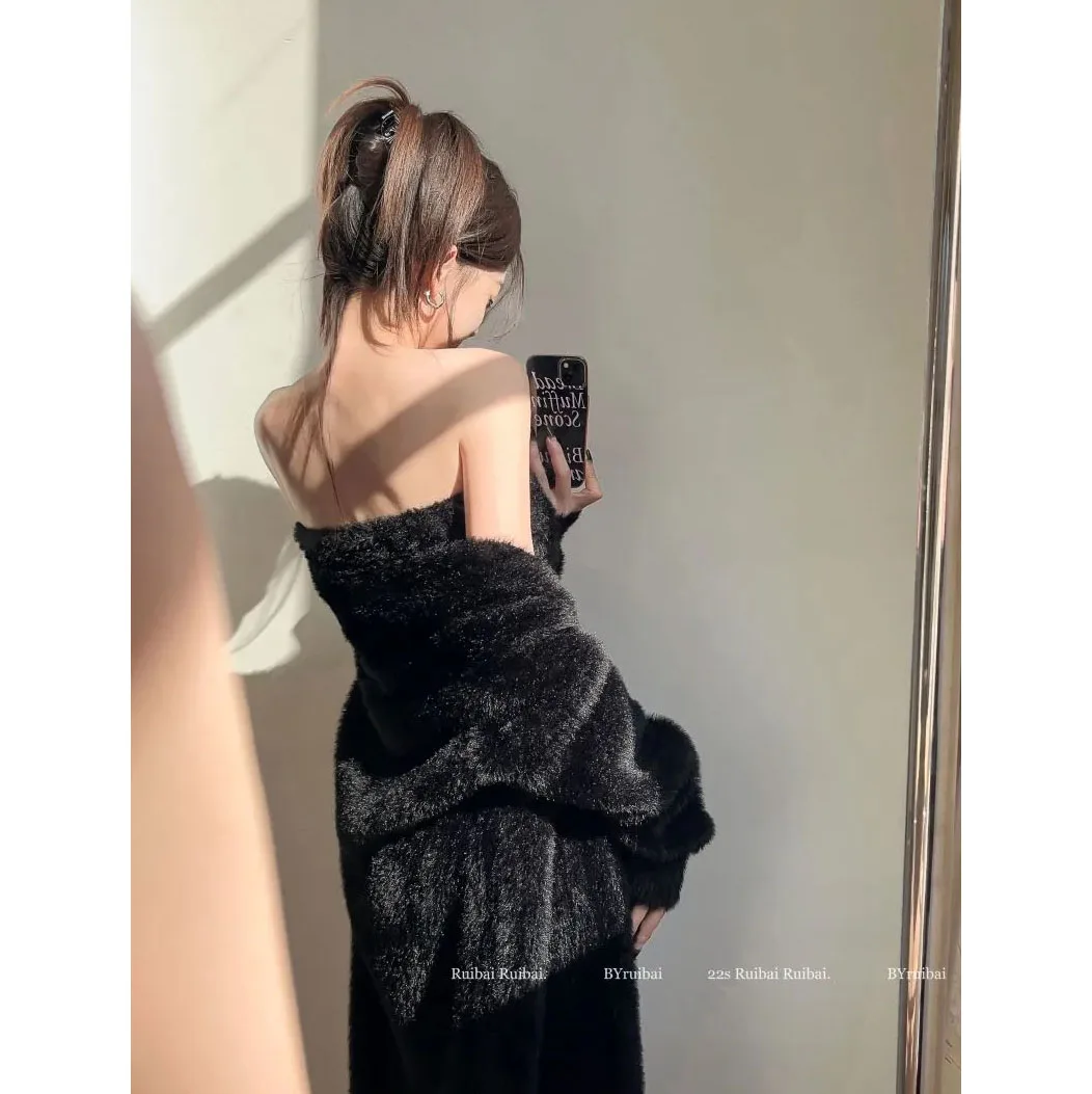 Soft Long Knitted Cardigan Women Imitation Mink Sweater Coat Sexy Strapless Dress 2 Piece Set Thick Plush Cardigan Sweater Suits