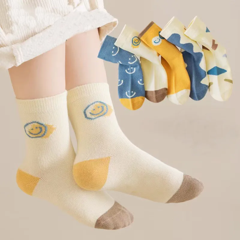 5 Pairs of Bright Orange Mid-Length Boys' Stockings Pure Cotton Comfortable Soft Fashionable for All Seasons - view 2