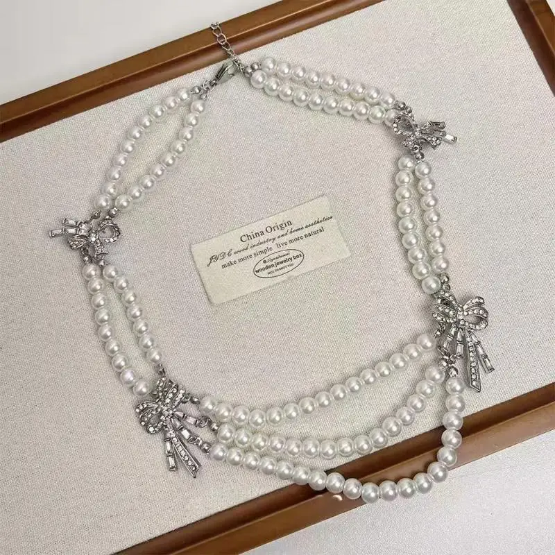 مجموعة قلادة وأقراط من اللؤلؤ الأنيق مع عقدة فراشة على الطراز الفرنسي القديم متعدد الطبقات على شكل سلسلة الترقوة #5