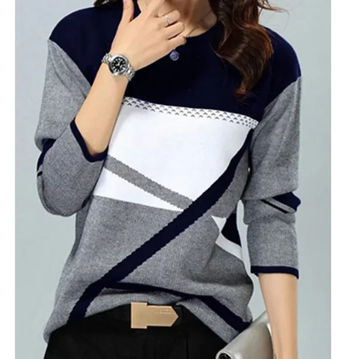 Women Autumn Winter Blouses T Shirt Geometric Contrast Long Full Sleeve Print Loose Women Shirts Spring Autumn Elegant L