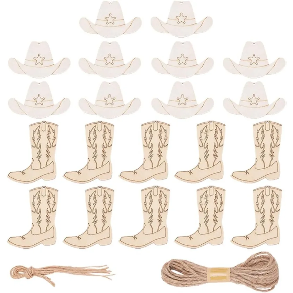 20Pcs Unfinished Wood Cowboy Hat & Pendants For Painting Arts Pyrography Home Decor with Jute Cord Mixed Color 60x99x2mm
