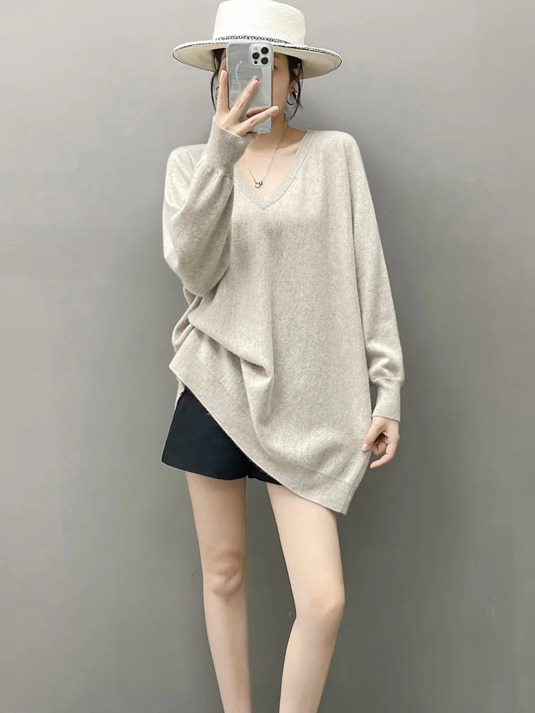100% suéter de cachemira pura en otoño e invierno, suéter largo para mujer, vestido suelto con cuello en V y murciélago