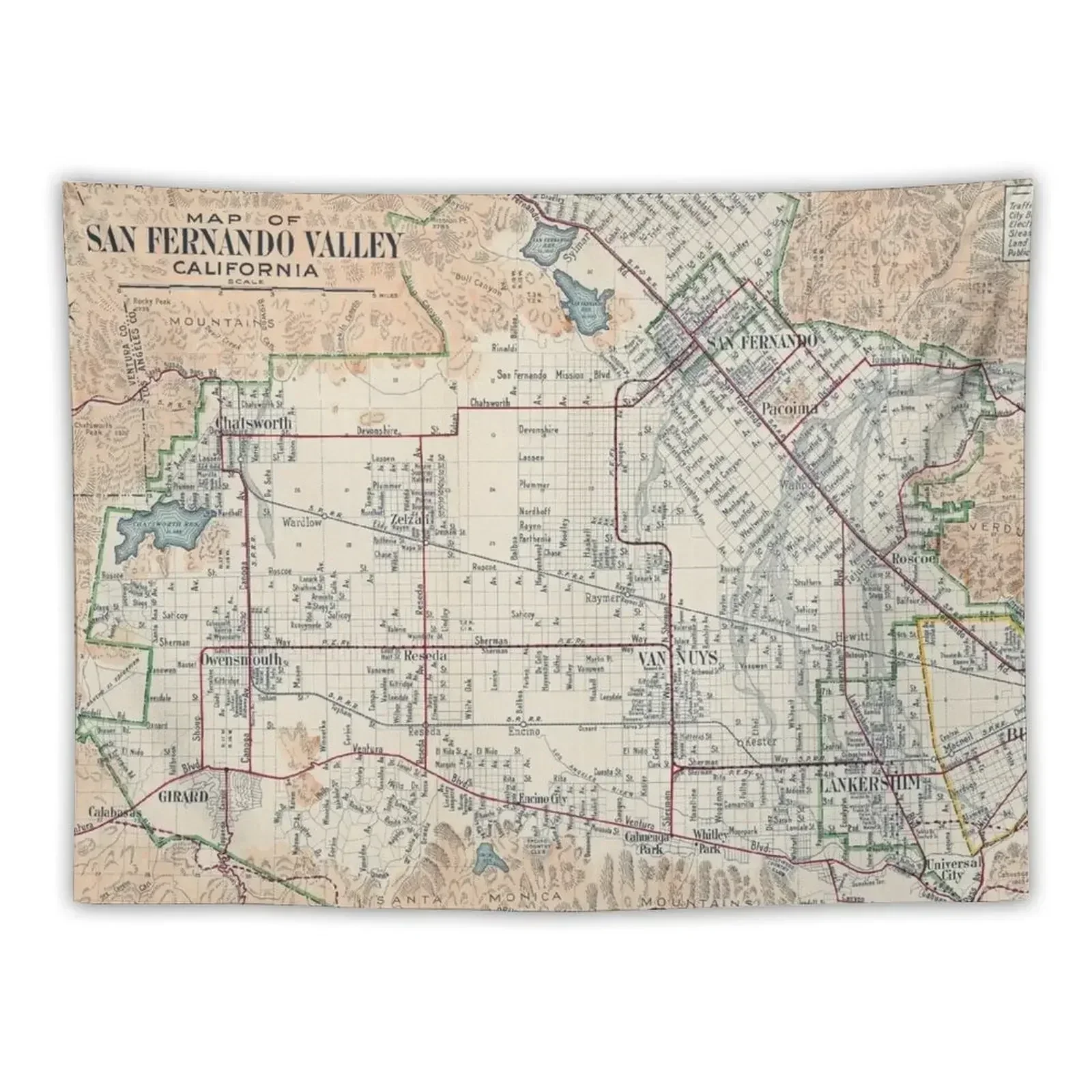 Vintage Map of San Fernando Valley CA (1923) Tapestry Room Decoration Aesthetic Decoration For Rooms Mushroom Tapestry