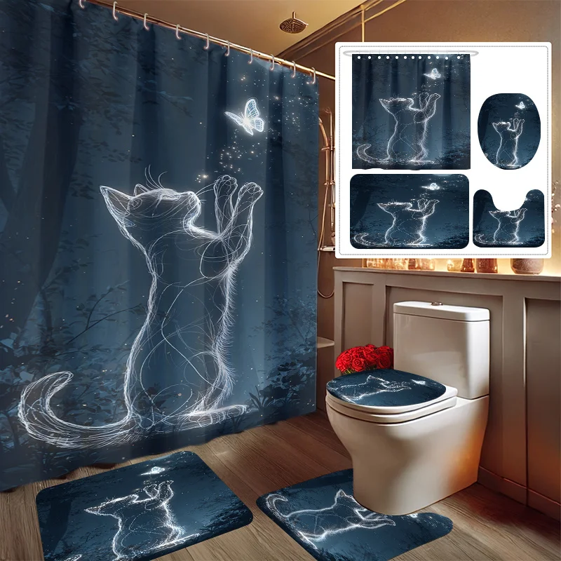 

4pcs Starry Night Chasing Butterfly Dream Print Shower Curtain Set, Decorative Bathroom Set Includes Shower Curtain, Non-Slip