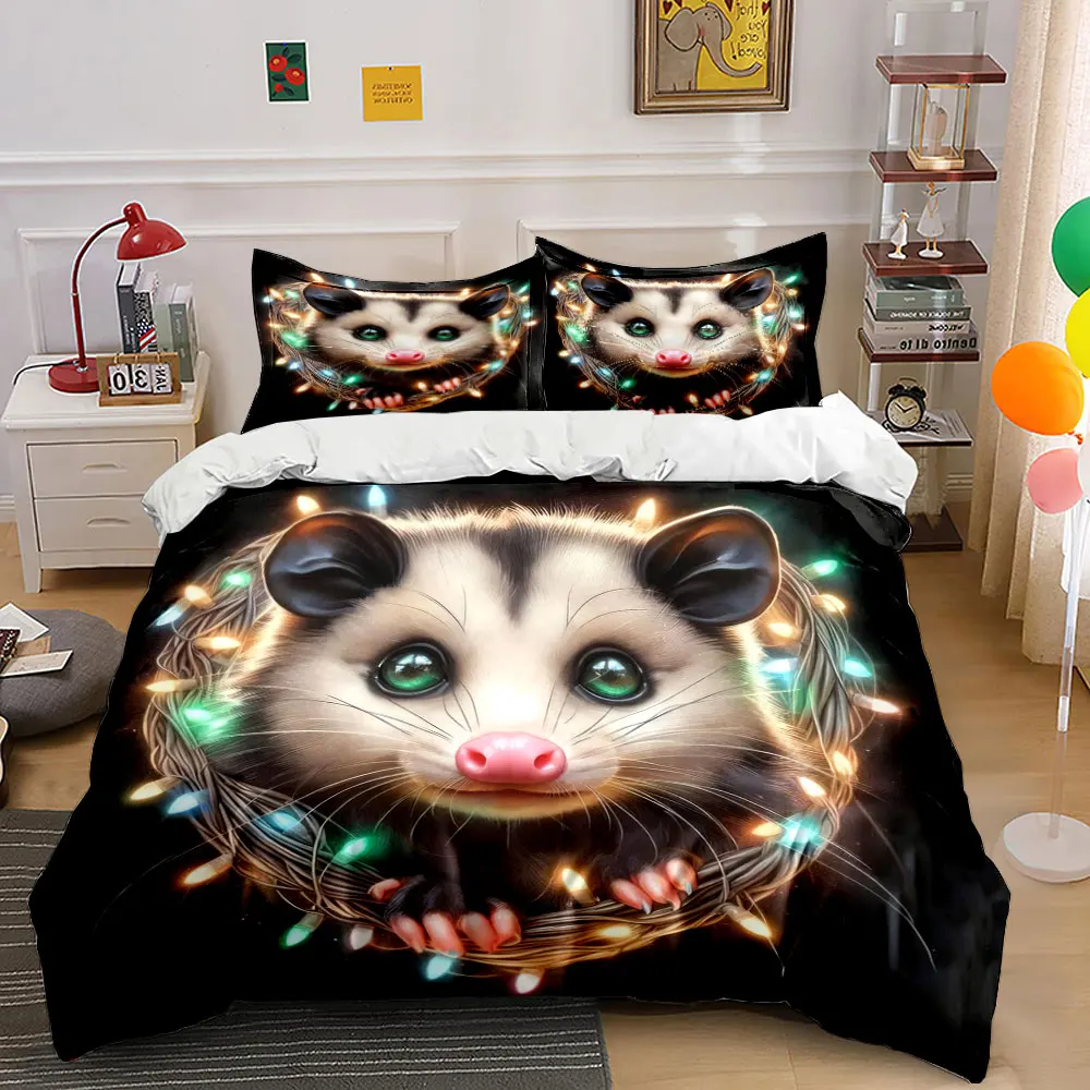 Adorable opossum surrounded by colorful light wreath Print Duvet Cover Bedding Set Included 1*Duvet Cover 2*Pillowcases