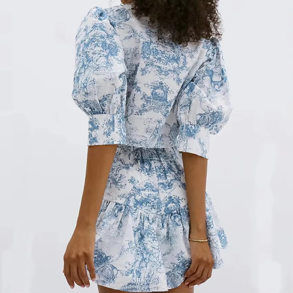 Mia Muse – ensemble Mini jupe de soirée pour femmes, mode d'été, élégant, imprimé complet, manches bouffantes, faux col, taille naturelle