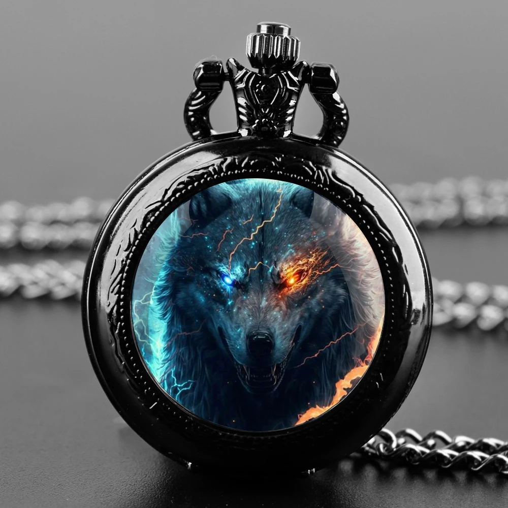 Gothic Cool Animal Wolf Design Black Pocket Watch with Necklace Alloy Case & Band,Quartz Movement Clock Watch for Men Women Kids