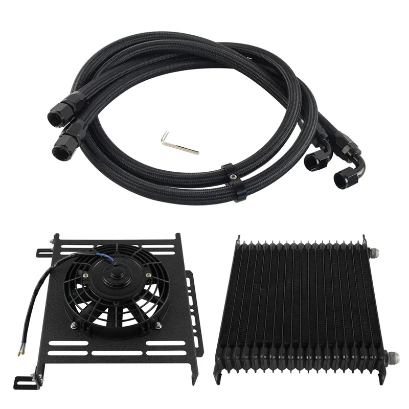 

Black/Blue AN10 19 Row Oil Cooler Engine + Braided Oil Line Hose Kit w/Bracket+7'' Electronic fan Universal