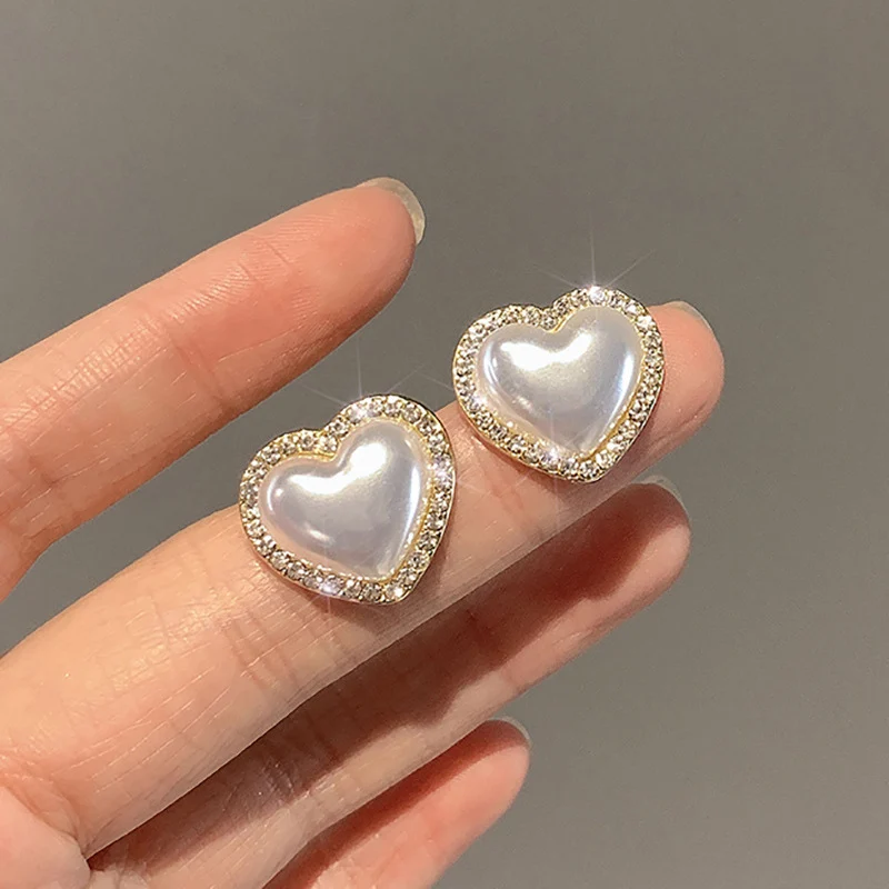 Gold Plated Pearl Heart Stud Earrings Shiny Rhinestone Earring Metal Elegant Fashion Romantic Female Couple Jewelry Wedding Gift