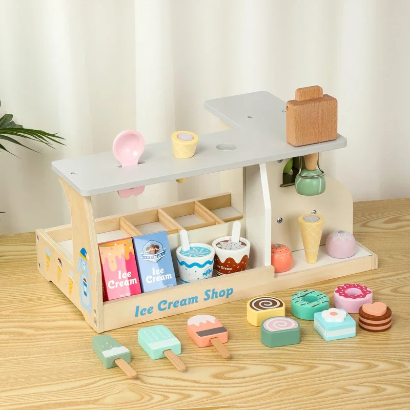 Girls Toy Wood Thiy House Ice Cream Shop Miniature Food Dollhouse Accessories Magnetic Block Montessori Enough Board Games Gift