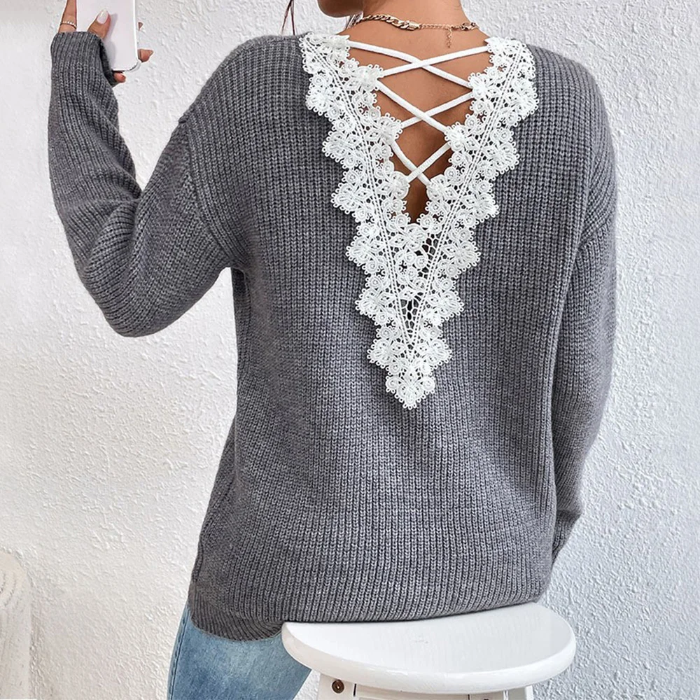 

Women's Sweater All Season Korean Fashion Hollow Out Lace Long Sleeve V-Neck Office Lady Sweater