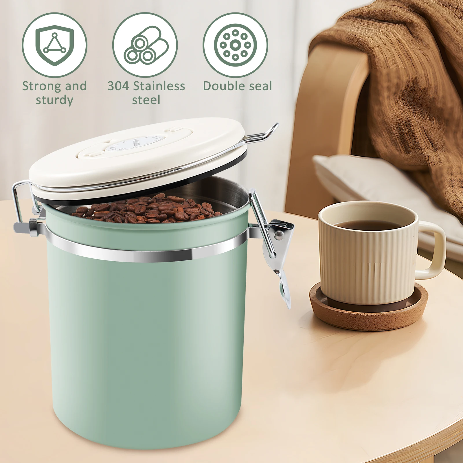 Coffee Canister Double Airtight Coffee Bean Storage Can 304 Stainless Steel Coffee Beas Moisture-proof 1.5L with Date Locator