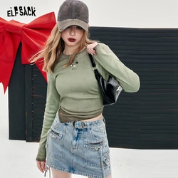 ELFSACK irregular slim long sleeve casual style t-shirt for women 2024 fit in spring new fashion designation Y2K style hot girl