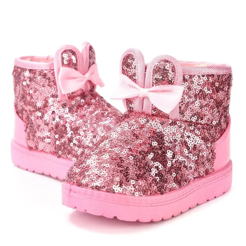 Botas cortas de algodón de lana cómodas para niños, botas de nieve cálidas y gruesas para niñas, zapatos de algodón con lazo de Color sólido con lentejuelas para invierno