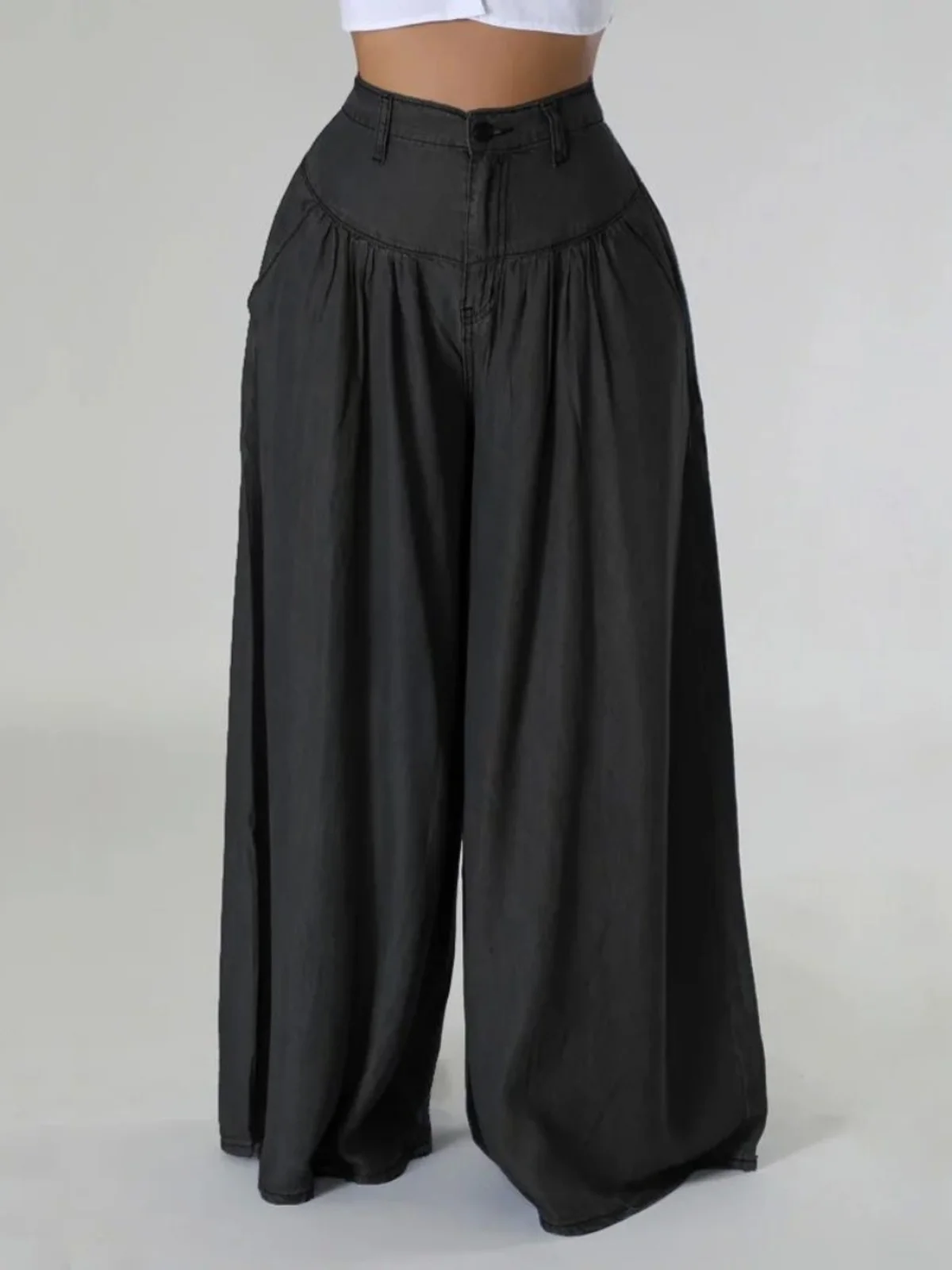 Vaqueros de Cintura Alta con Pierna Ancha, Plones de Estilo Urbano, Ajuste Hoado, Plones Largos, Vaqueros de Campan...