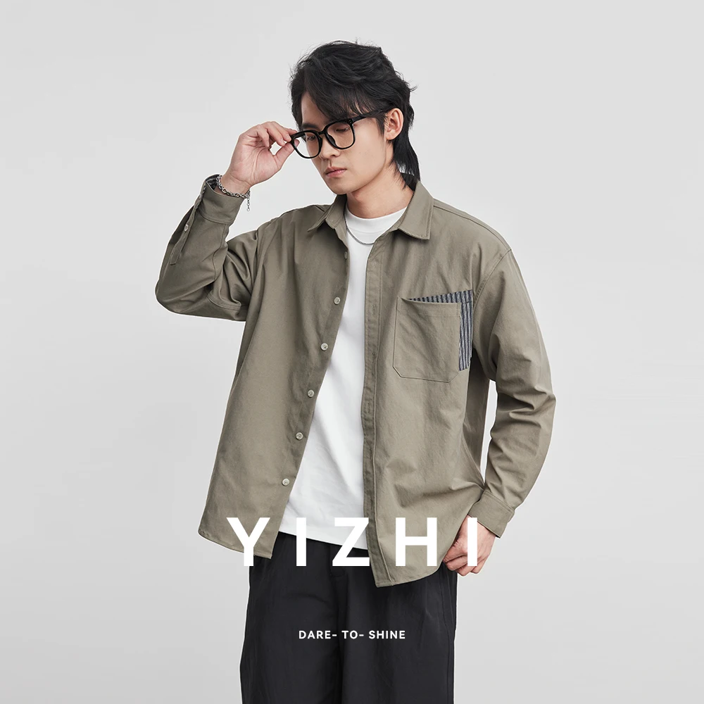 

Мужская рубашка-куртка в деловом стиле с длинным рукавом, весна 2026, новая, с контрастными вставками и карманами, укороченная модель