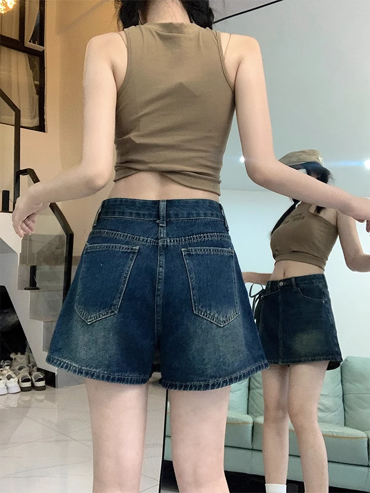 กระโปรงยีนส์ทรงเอเอวสูงแบบมีเข็มขัดสไตล์เรโทรสำหรับผู้หญิง ไซส์เล็ก ใส่สบาย ป้องกันแสง กระชับสัดส่วน เหมาะสำหรับฤดูร้อน