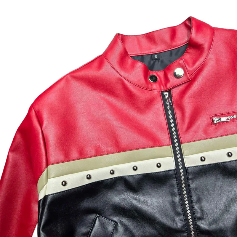 HKSH primavera otoño nueva mujer Pu abrigo de cuero contraste Color Patchwork Moto Biker Chaqueta corta Chic cremallera remache Tops Ins HK12772