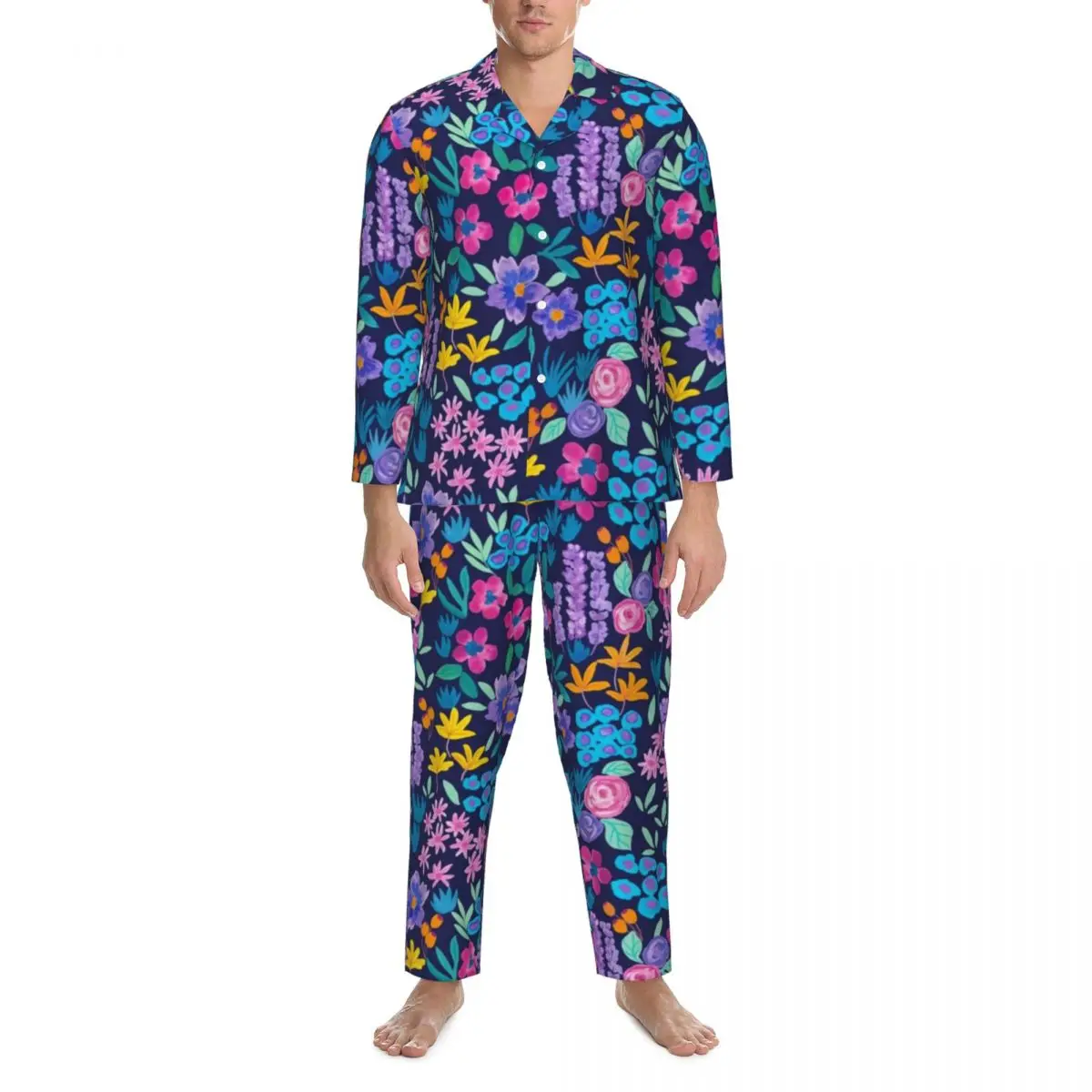 

Pajamas Man Bright Flowers Sleep Sleepwear Vibrant Floral Pirnt 2 Pieces Casual Pajama Set Long-Sleeve Oversized Home Suit