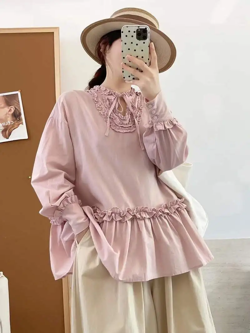 New 2025 Autumn Cotton Long Sleeve Shirt, Women Stand Ruffles Lace-up, Mori Girl French Retro Sweet Loose Doll Blouse T59946CC