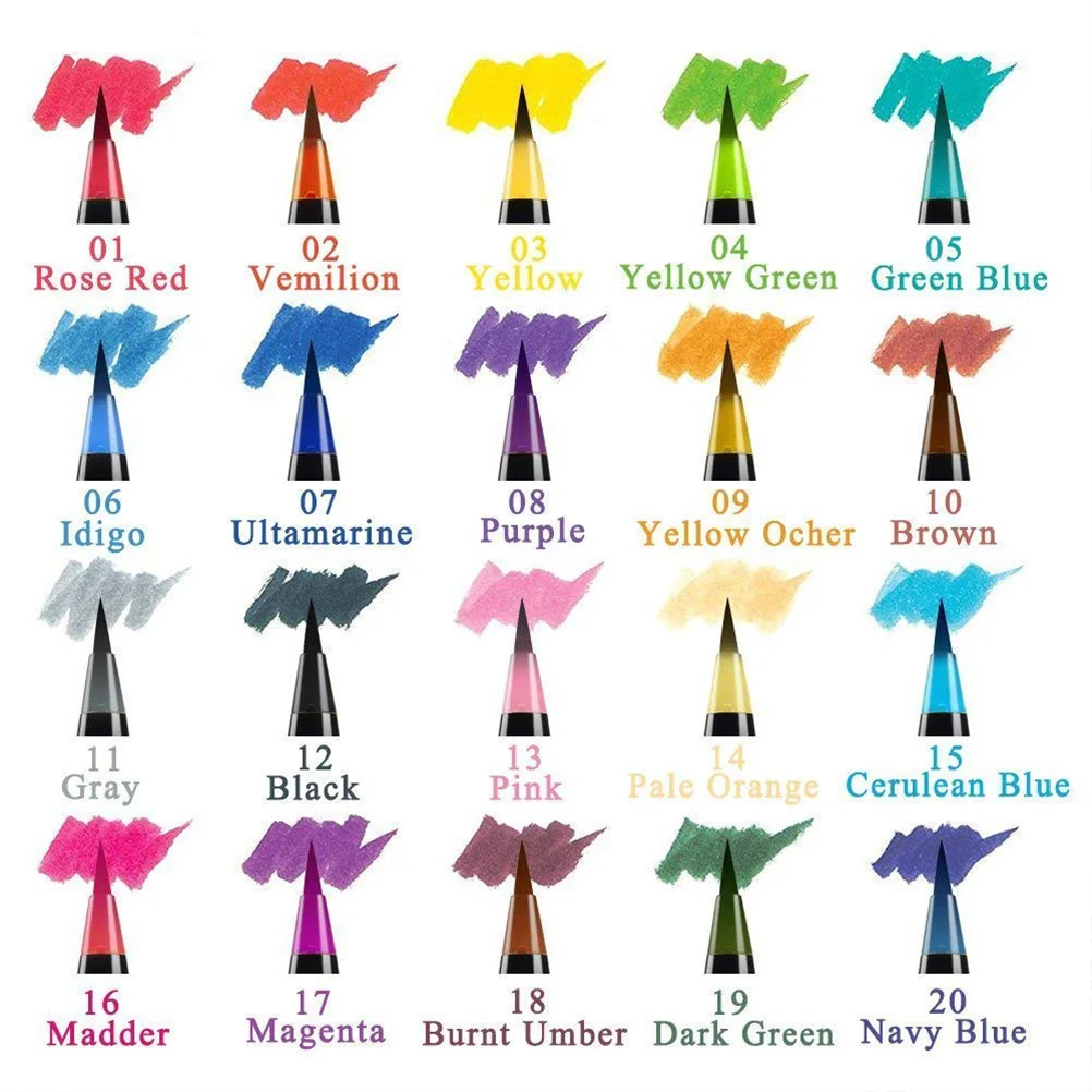 

1Set Watercolor Brush Pen Set 20 Assorted Colors Nylon Brush Tips Longlasting Ink Comfortable Design Paint for Amateur