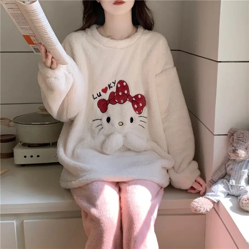 

Длинный плюшевый комплект из двух предметов Hello Kitty, женский пуловер, домашняя одежда, зимний уютный наряд, универсальная одежда, мягкая удобная домашняя одежда