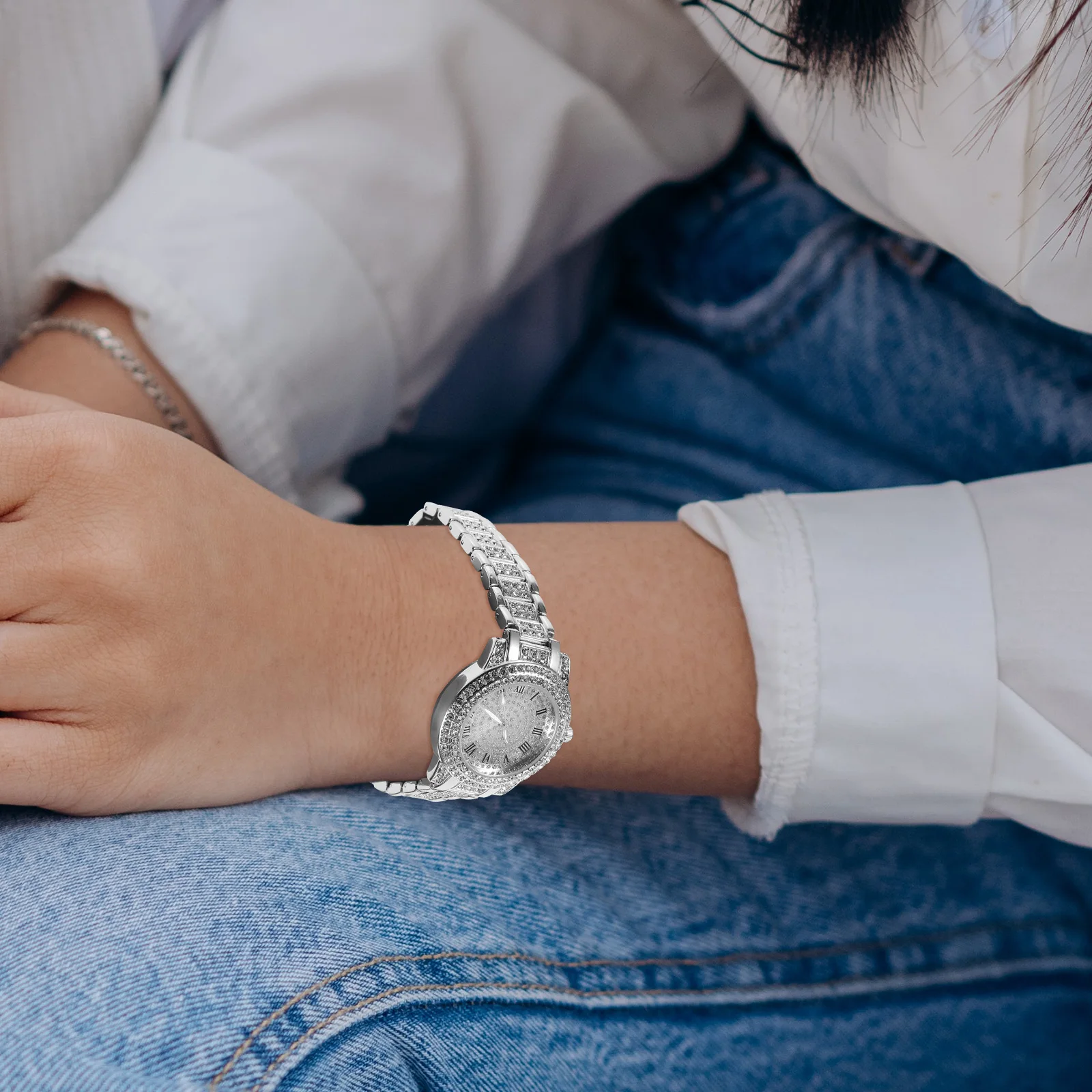 

Full Diamond Numeral Watch Men Adjustable Metal Strap Quartz Movement Stylish Male Wristwatch Wristwatch For Him
