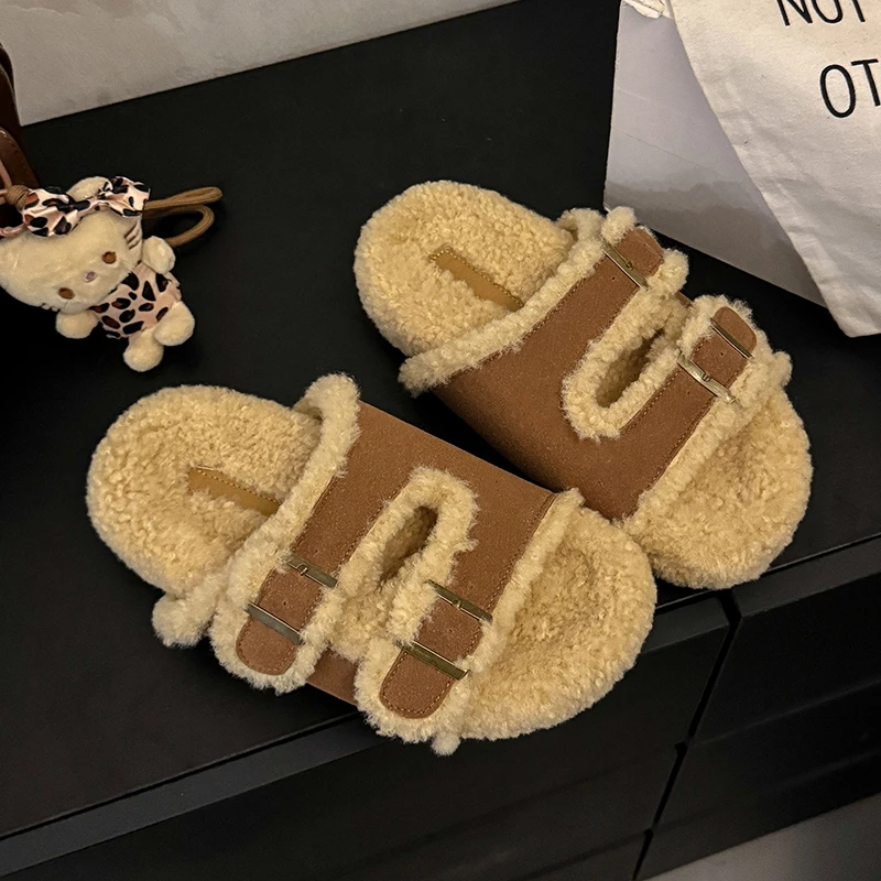 Soft Sheepskin Slippers with Thick Sole and Plush Padding for Warmth. Women's Style. Fall/Winter 2026. Plush Cotton Slippers.