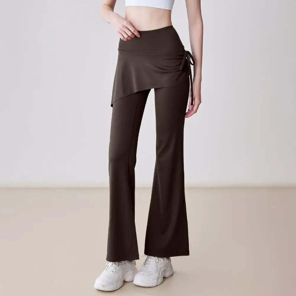 Pleated Skirt Athletic Leggings Flared Yoga Pants Fake 2 Piece Drawstring Pleated Skirt Trousers Tummy Control Workout Pants