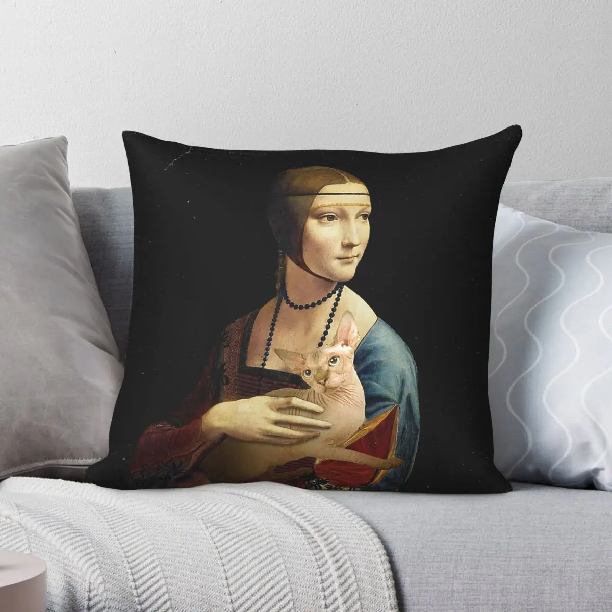 Lady With A Sphynx Cat Pop Retro Square Pillowcase Polyester Linen Velvet Creative Zip Decorative Home Cushion Cover