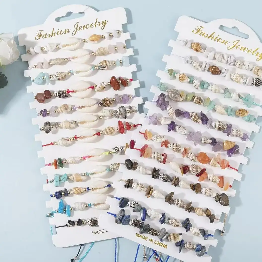 12 قطعة الصيف محارة قذيفة غير النظامية كريستال الحصى مطرز المنسوجة سوار للنساء حفلة الشاطئ-سوار قابل للتعديل